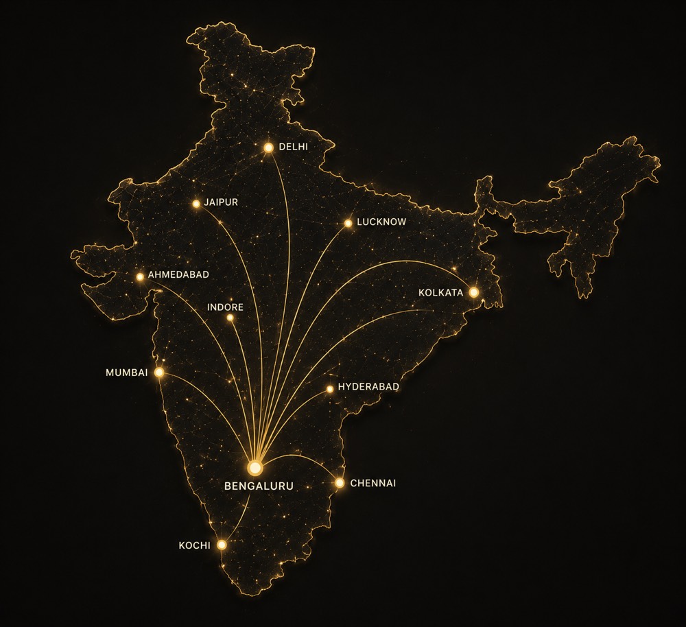 Map of India showing Royal Events' network of connections across Bengaluru, Mumbai, Delhi, Chennai, Kolkata, Hyderabad and other major cities