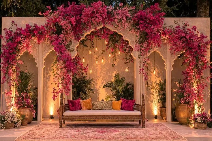 Floral mandap arch with hanging lights styled by Royal Events